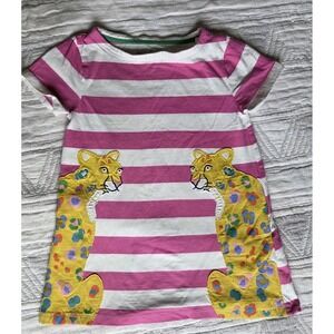 Mini Boden Girls Pink Stripe Leopard Appliqué Dress 5–6Y Short Sleeve